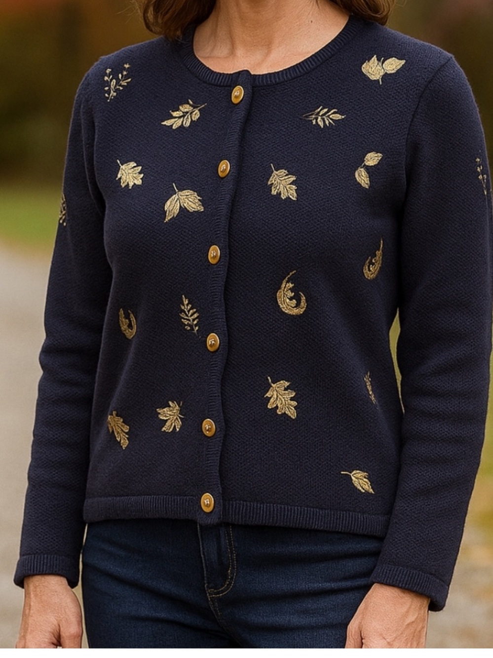 Christopher & Banks | Navy Blue Fall Leaves Cardigan M Vintage Bohemian